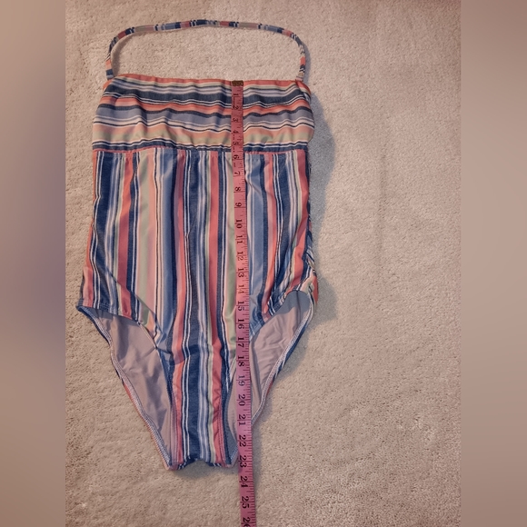 Splendid~Pink & Blue Striped Strapless Criss Cross Tie Back One Piece Swimsuit - Picture 3 of 16